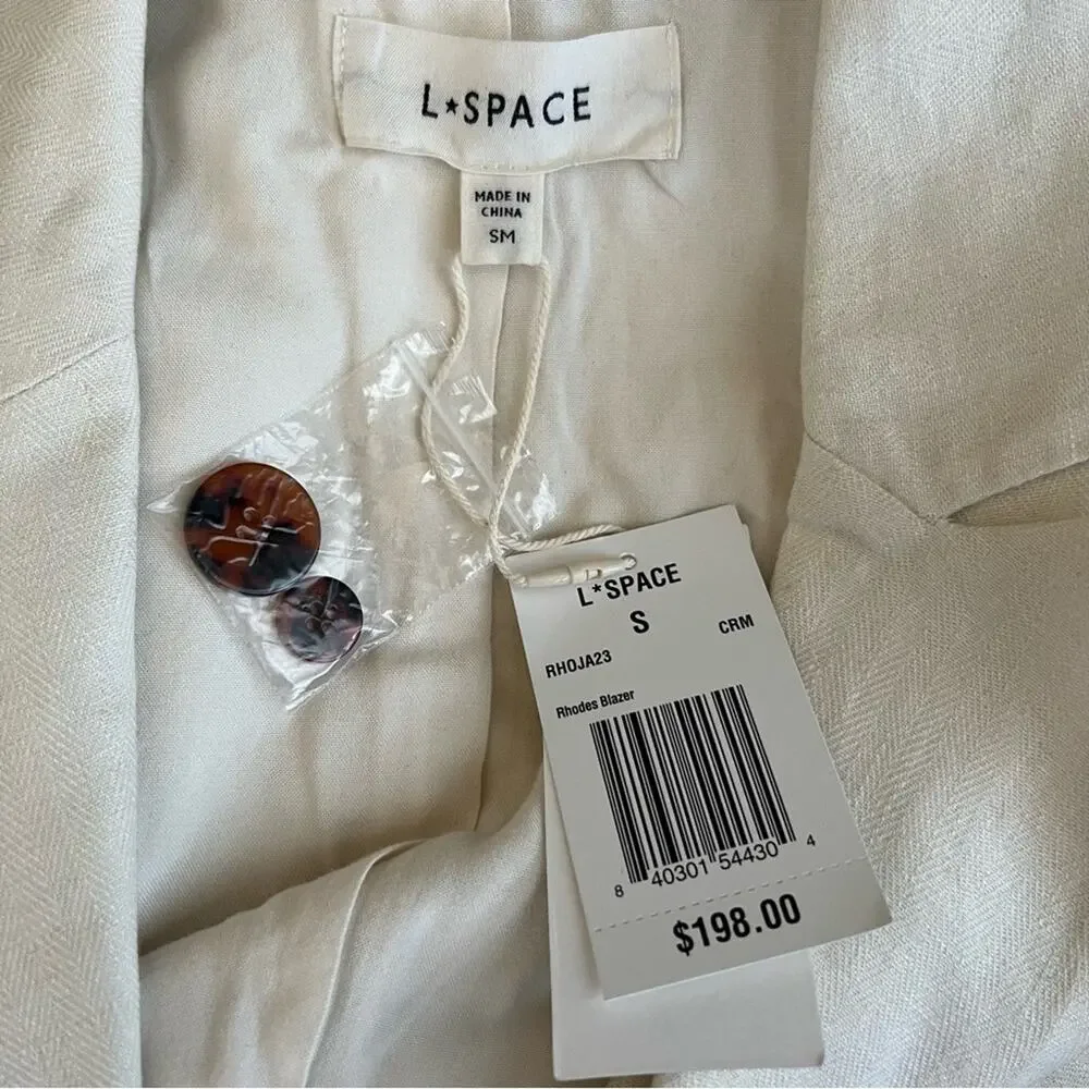 L*Space Women’s Rhodes White Cream Linen Cotton Double Breasted Long Blazer S